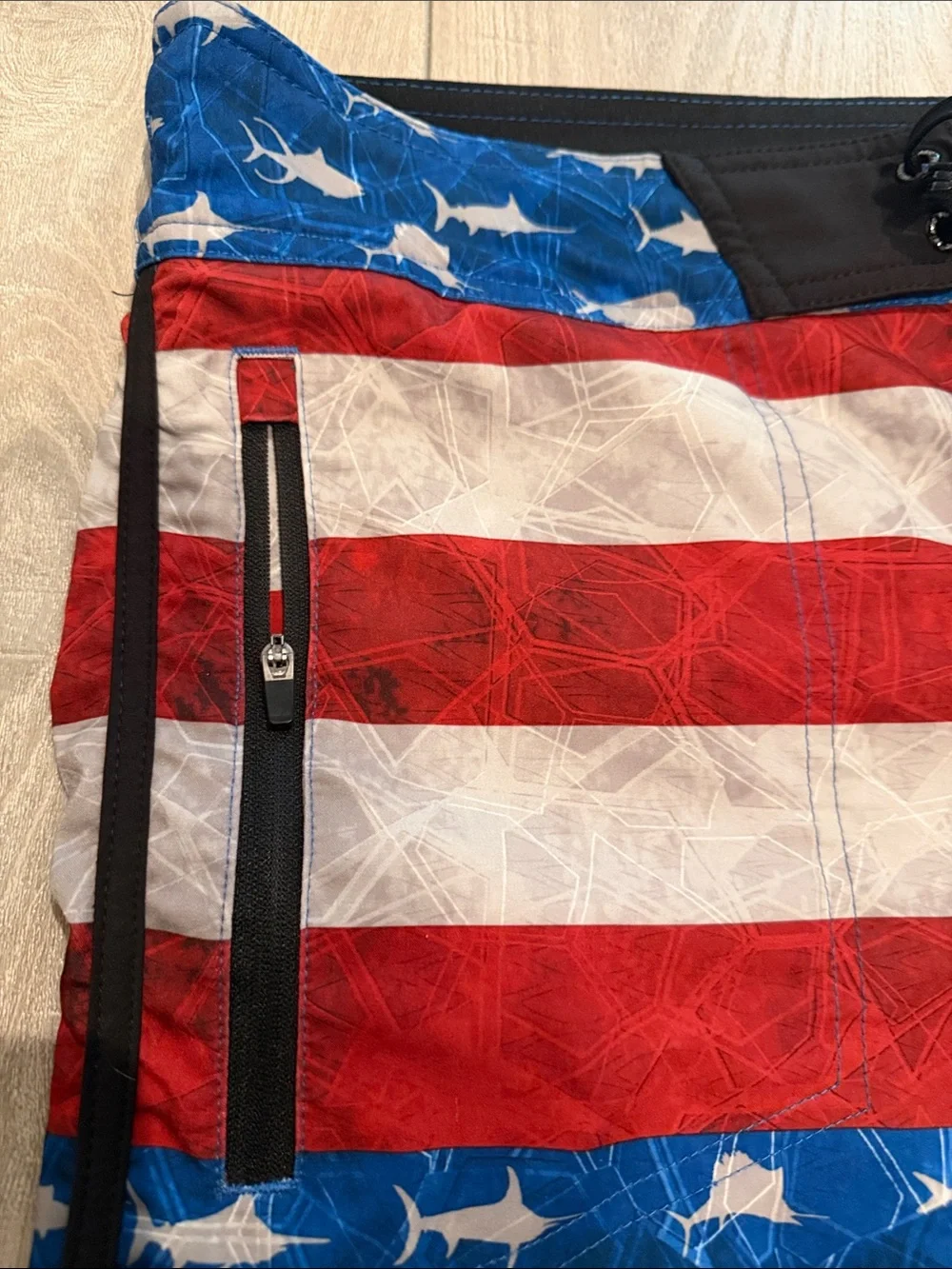 Pelagic Men’s Drawstring Swim Trunks- Size 36- Black/Neon and Patriotic